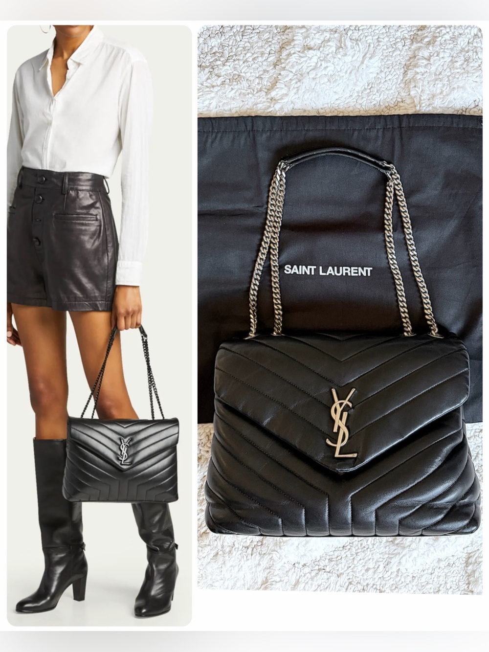 SAINT LAURENT Loulou Medium YSL Shoulder Bag Puff Chevron Leather black